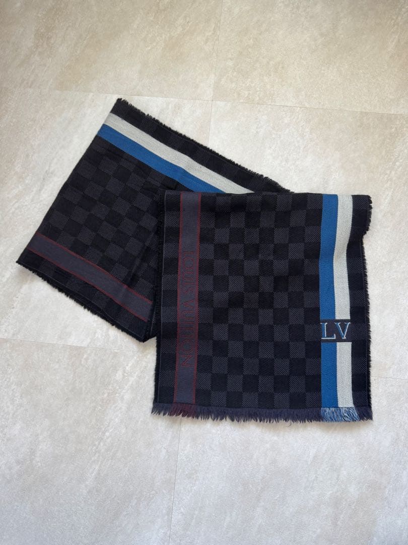 LV チェック柄マフラー フリンジ付き