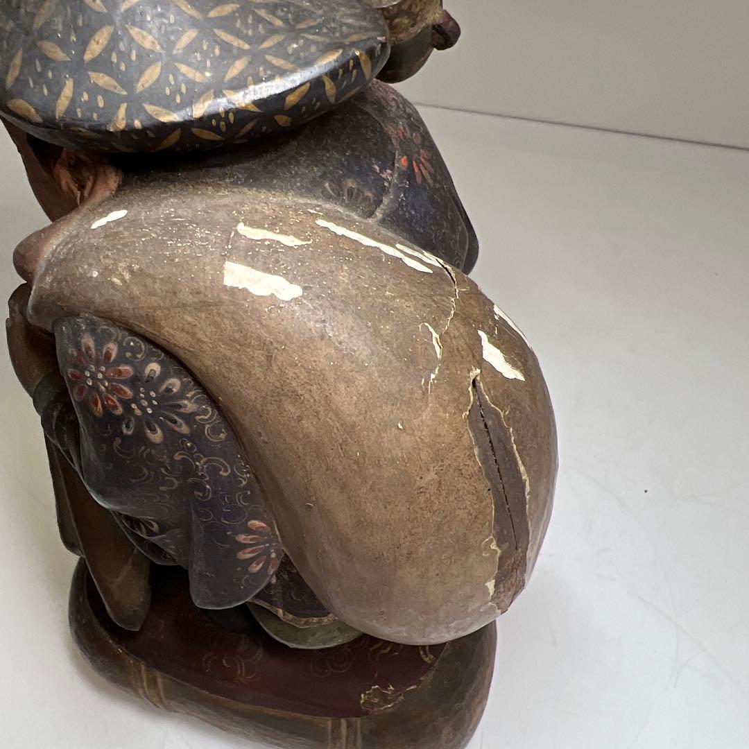 江戸後期 木彫色絵大黒 高さ約17㎝ 東Y7-1223①トヒチル