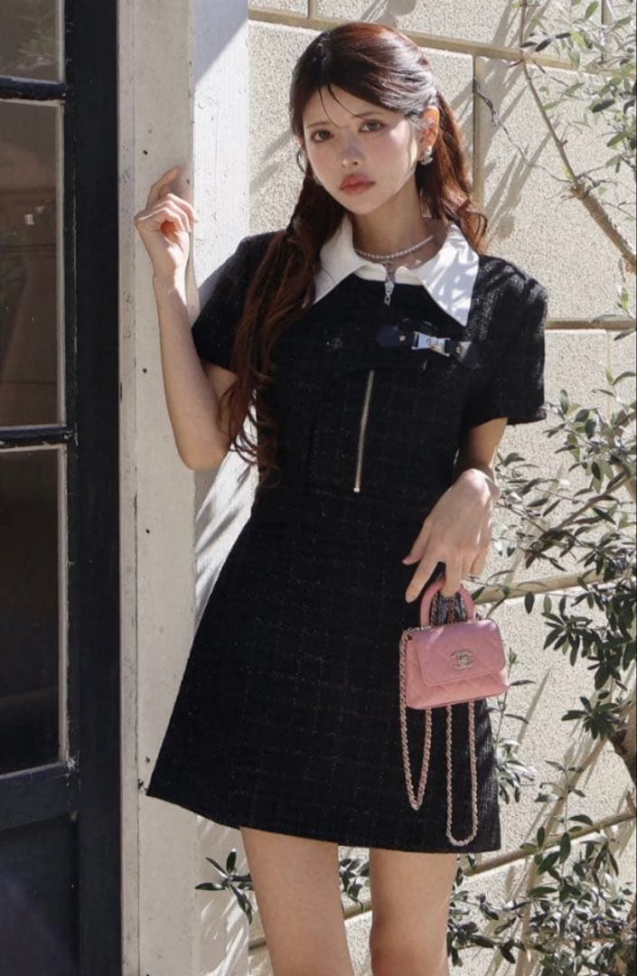 RANDY アシンメトリーツイードハーフスリーブドレス