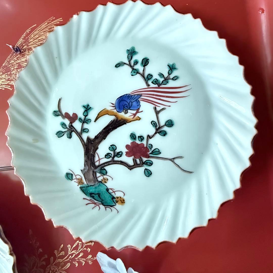 2164感謝‼️夏の倣い古九谷‼️幸せ強運の色絵花鳥図在銘福波打つ小皿4客➕1客プレ