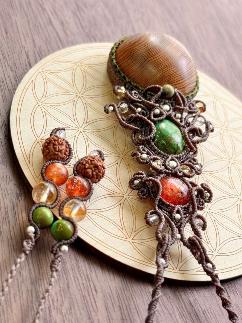 専用♡まん丸◯屋久杉＆チベタンターコイズ＆サンストーンのマクラメ編みネックレス♡