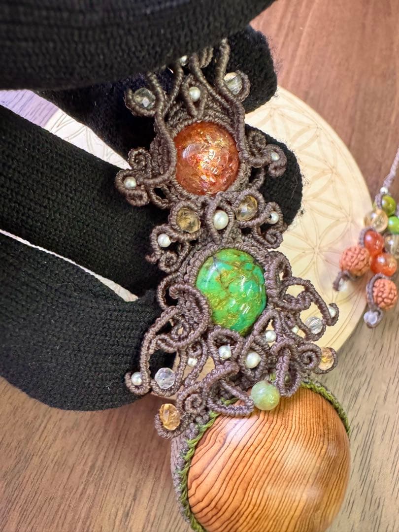 専用♡まん丸◯屋久杉＆チベタンターコイズ＆サンストーンのマクラメ編みネックレス♡