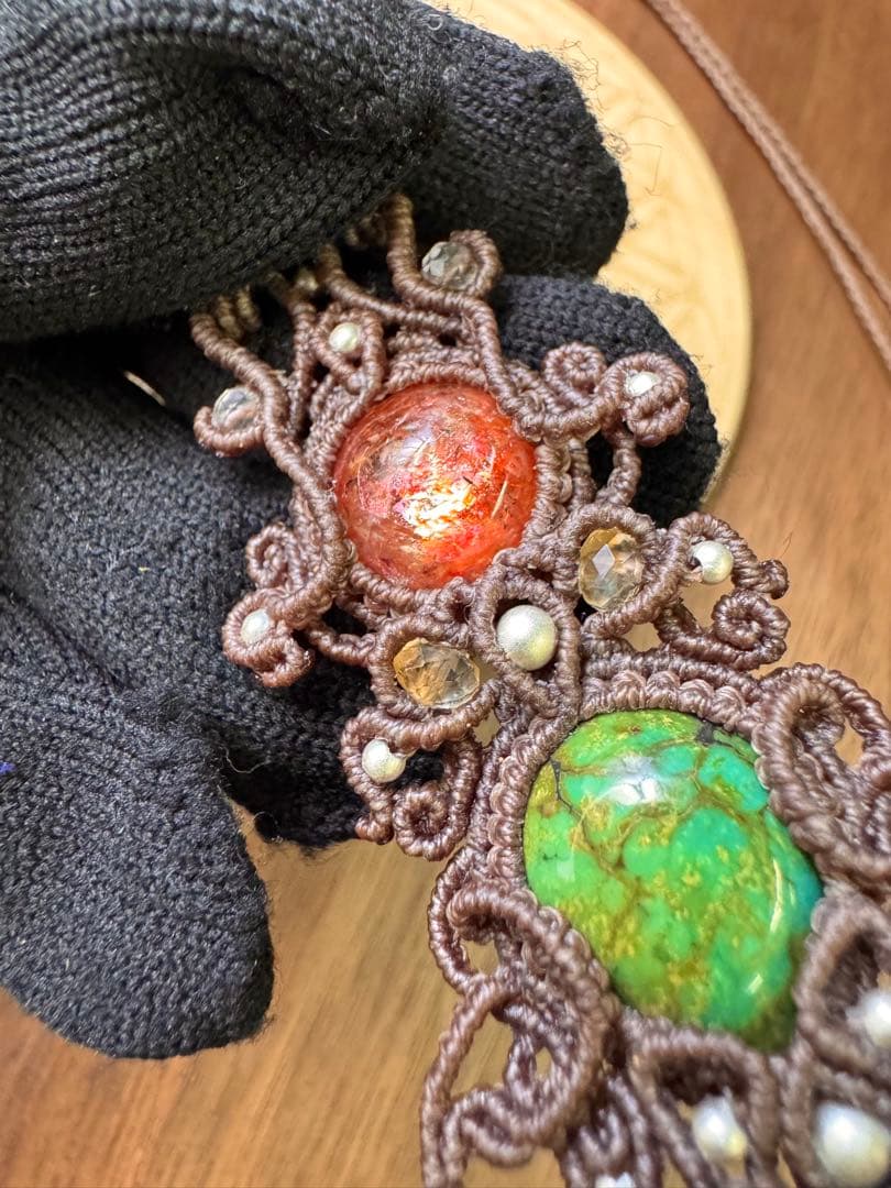 専用♡まん丸◯屋久杉＆チベタンターコイズ＆サンストーンのマクラメ編みネックレス♡