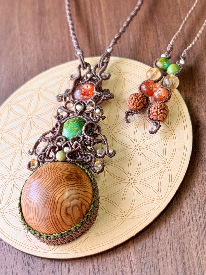 専用♡まん丸◯屋久杉＆チベタンターコイズ＆サンストーンのマクラメ編みネックレス♡