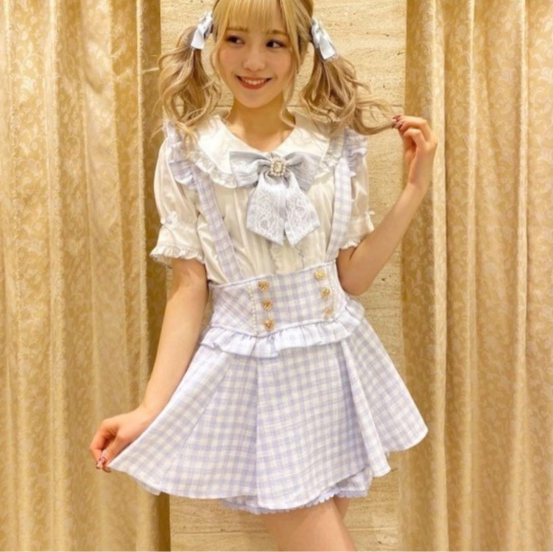 LIZLISA ギンガムツイードサスペンダー付スカパン 水色 - メルカリ