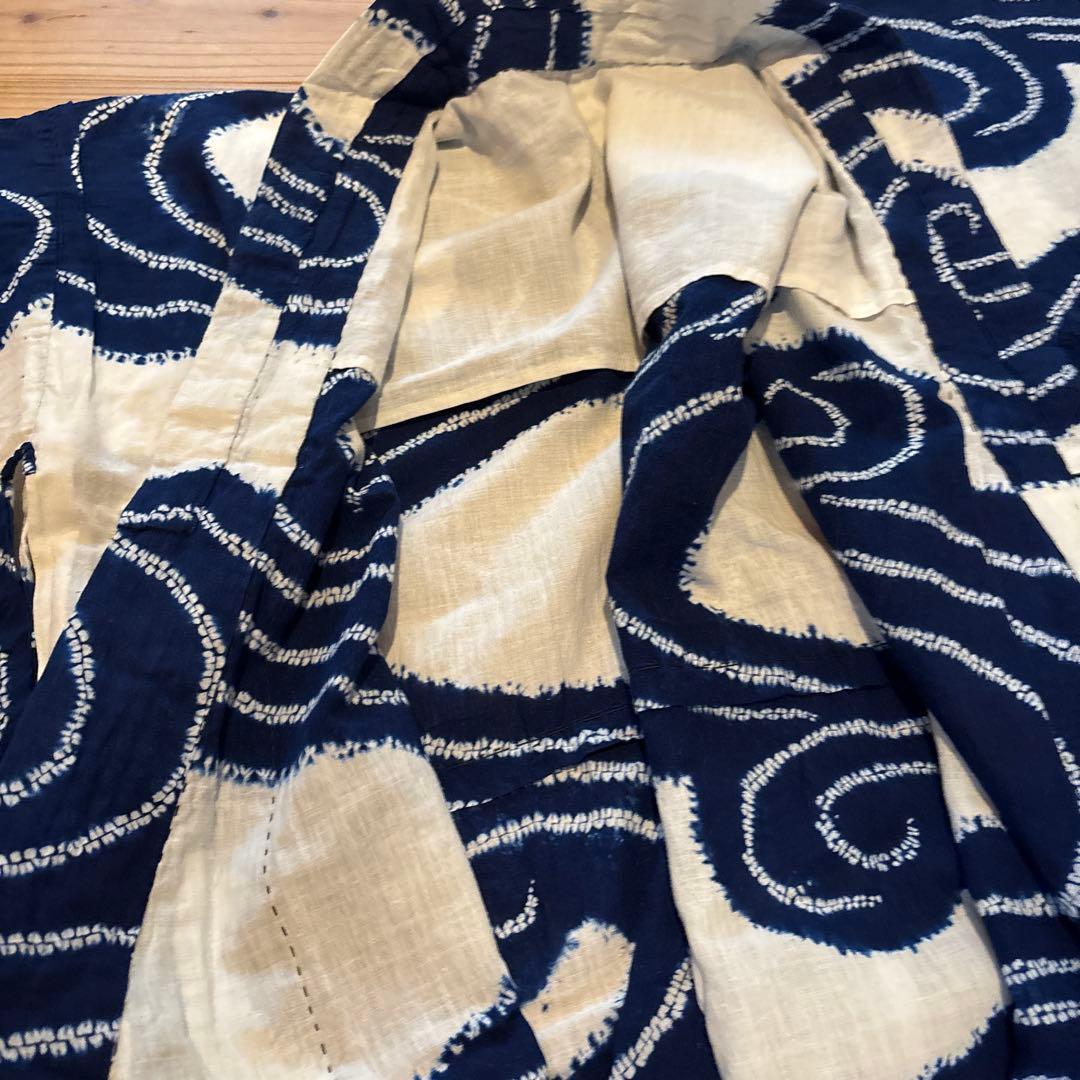 有松絞り浴衣 波 ぐるぐる 単色 手縫い 藍染 アンティーク ヴィンテージ 絞り