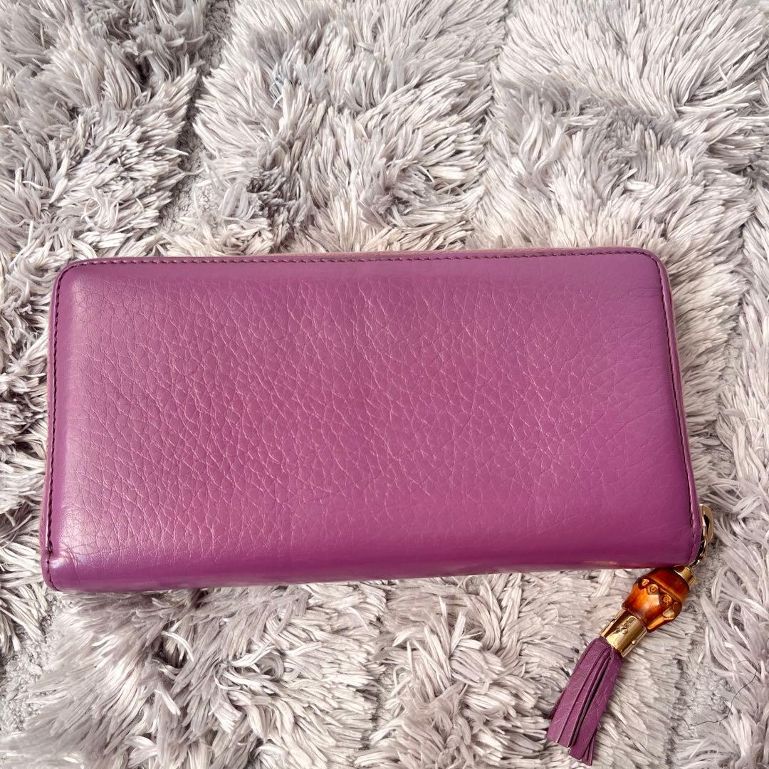 GUCCI ラウンドファスナー　バンブー　シボレザー　パープル　長財布