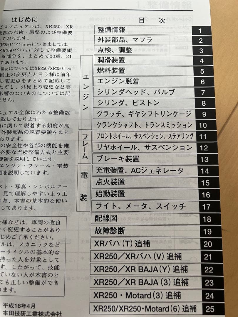 ホンダサービスマニュアル XR250/XRバハ/XR250・Motard