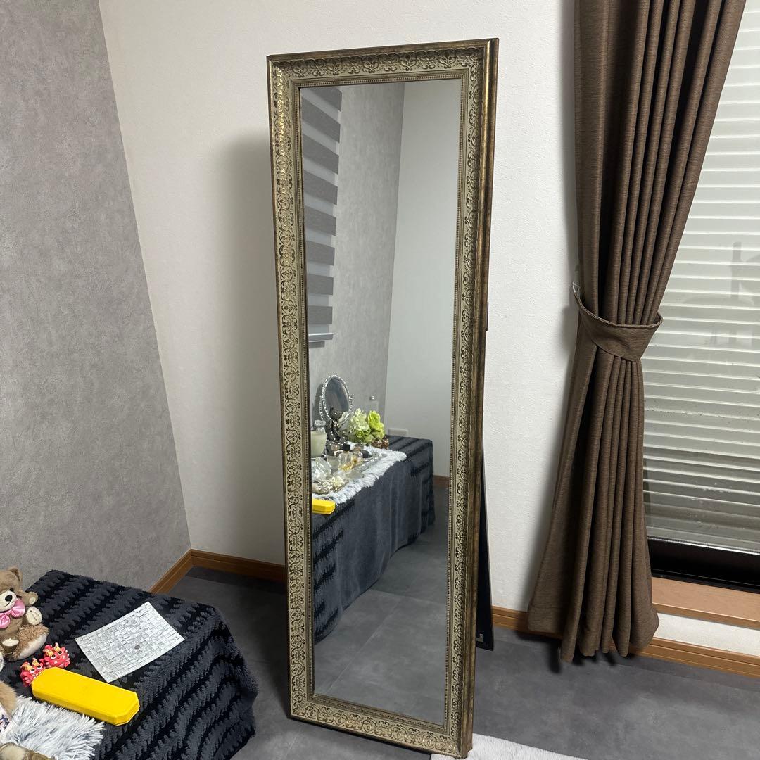 2日間限定値下げ‼️アンティーク調装飾的ゴールドフレームスタンドミラー
