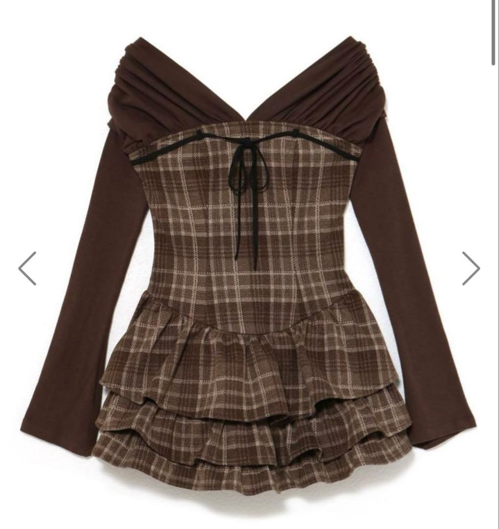 バブルス チェックレイヤードワンピース S ブラウン