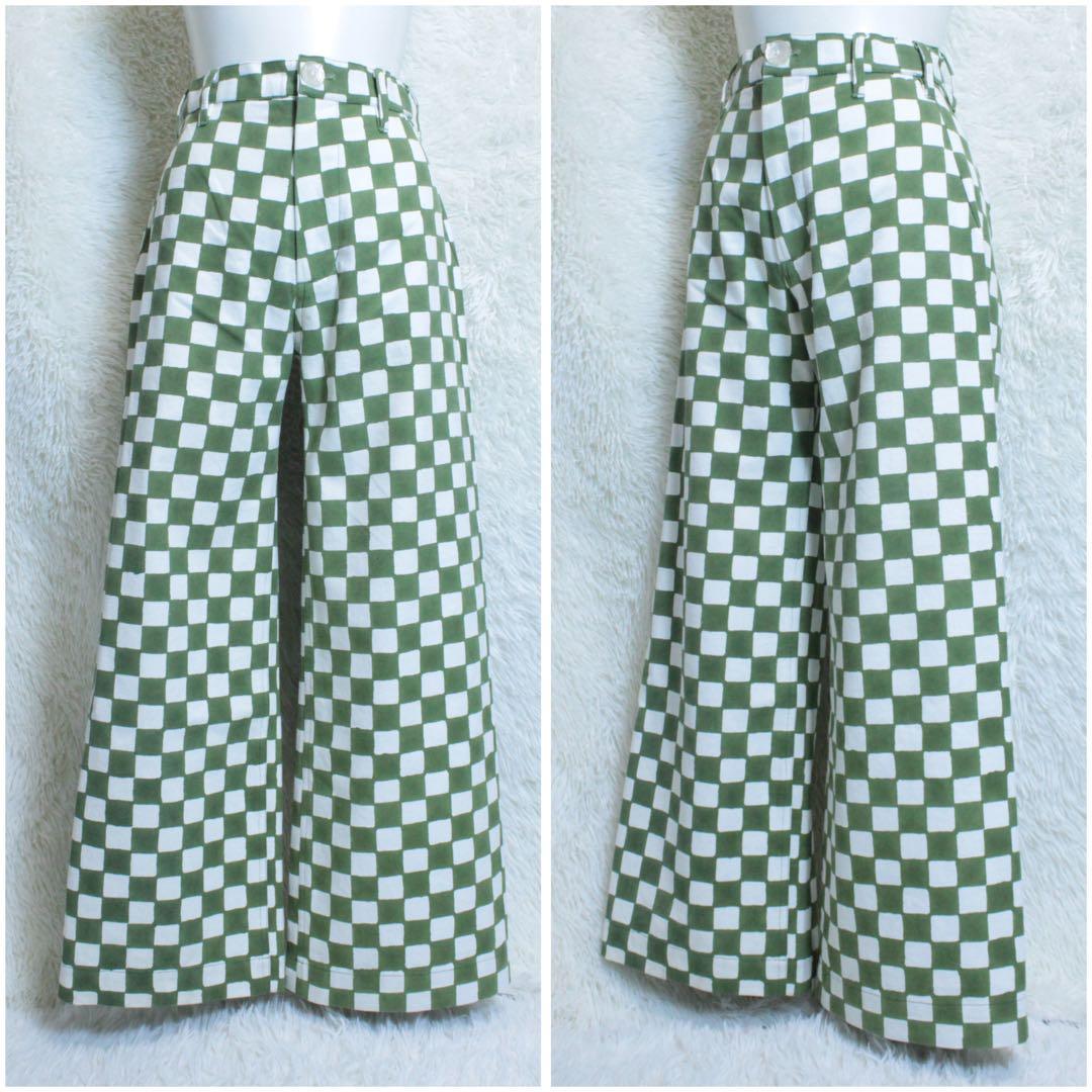 SZ BLOCKPRINTS ブロックプリント ワイドパンツ チェック柄 緑 S