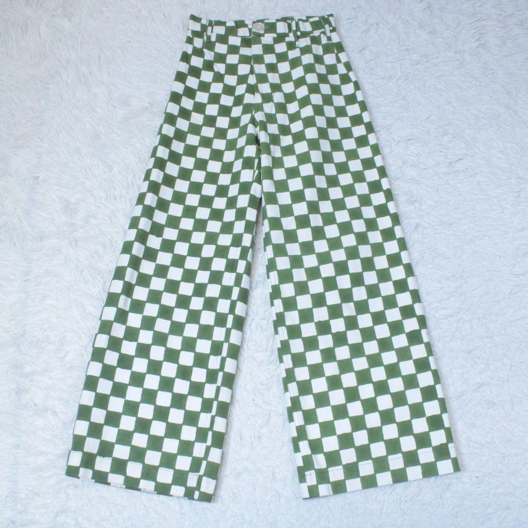 SZ BLOCKPRINTS ブロックプリント ワイドパンツ チェック柄 緑 S
