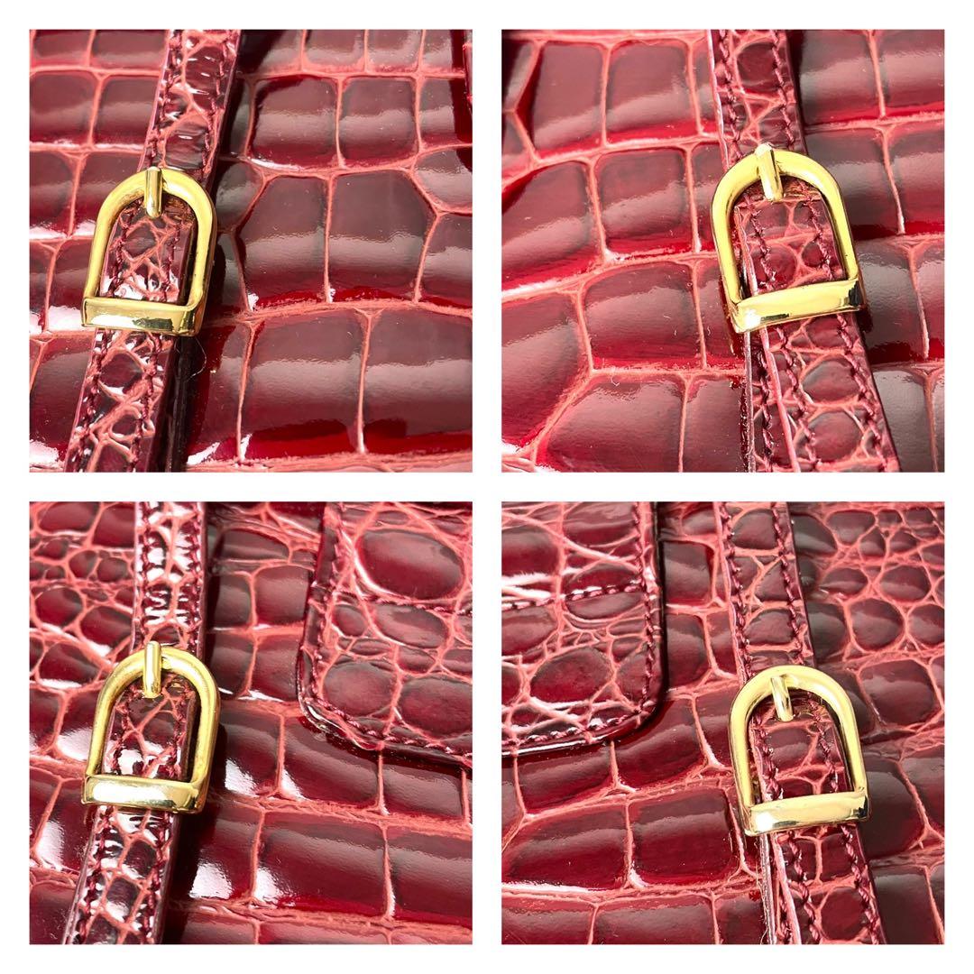 美品 保証書付き クロコダイル 型押し シャイニング バニティ ボルドー 鏡付き