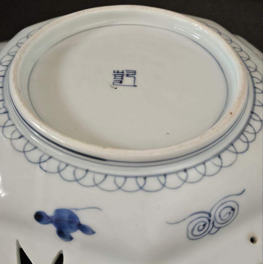 名品❗】 江戸後期 古伊万里 染付 透造 笹に六曜紋 松竹梅 25.3cm八角