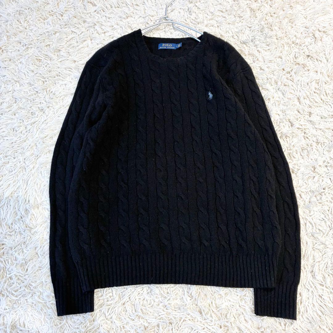 ポロラルフローレン カシミヤ混 ケーブルニット ブラック クルーネック