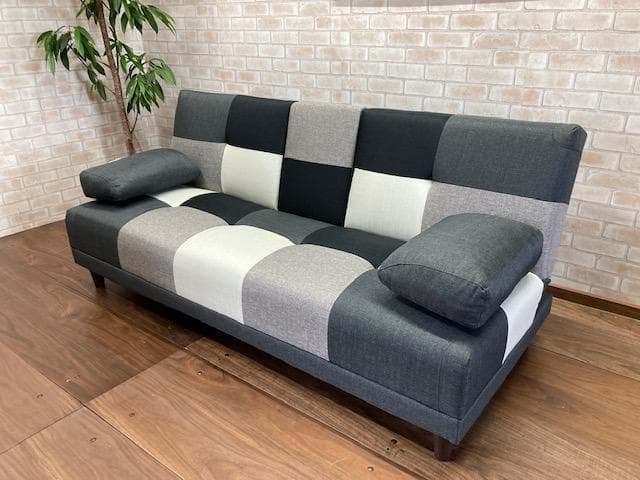 ソファーベッド　小テーブル付き　パッチワーク柄　グレーMIX　ソファ　新品