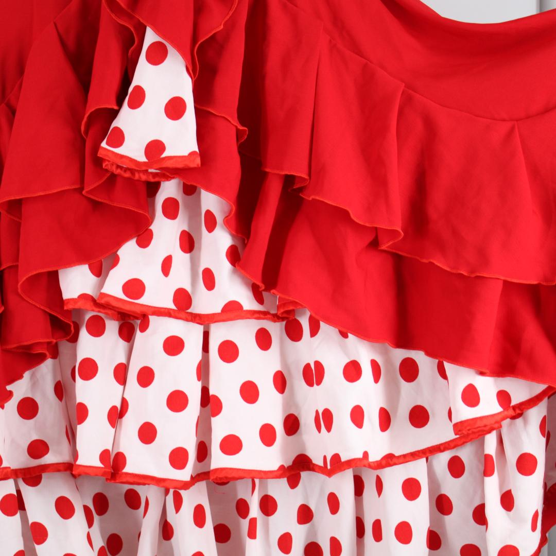 【美品 フラメンコ衣装】レッド×豪華ボランテ ワンピース ドレス 水玉 ドット