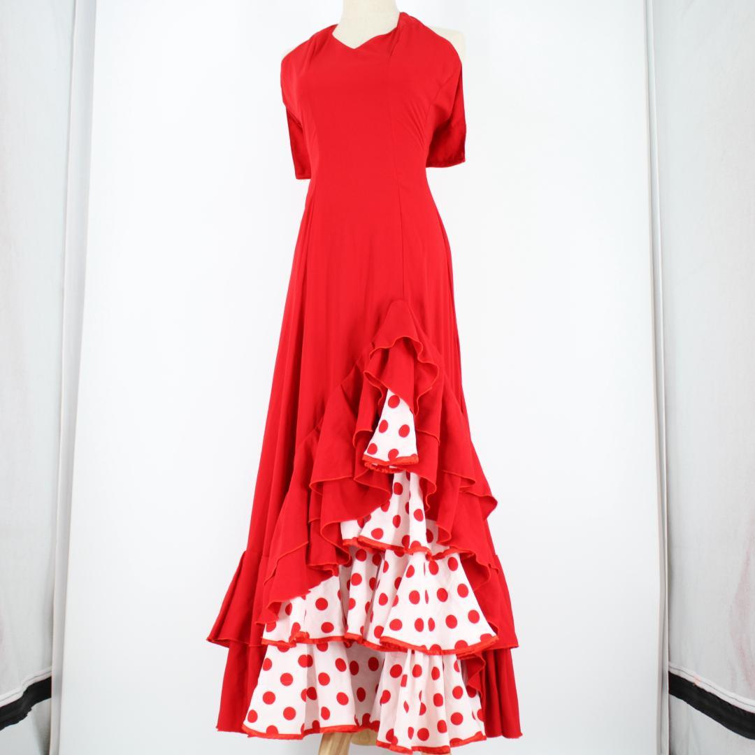 【美品 フラメンコ衣装】レッド×豪華ボランテ ワンピース ドレス 水玉 ドット