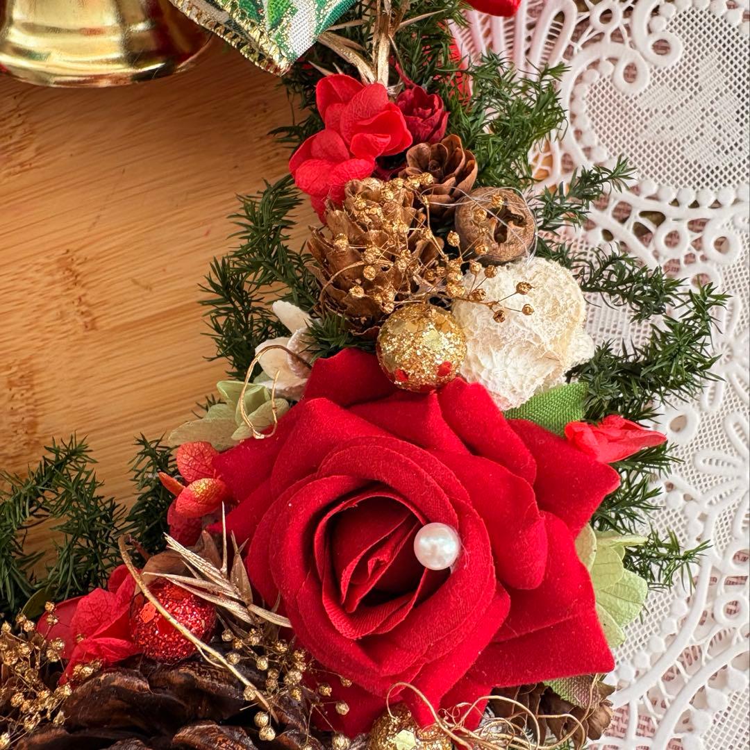 No123 おっきいリボンとリンリンベル♥赤バラのキラキラクリスマスリース