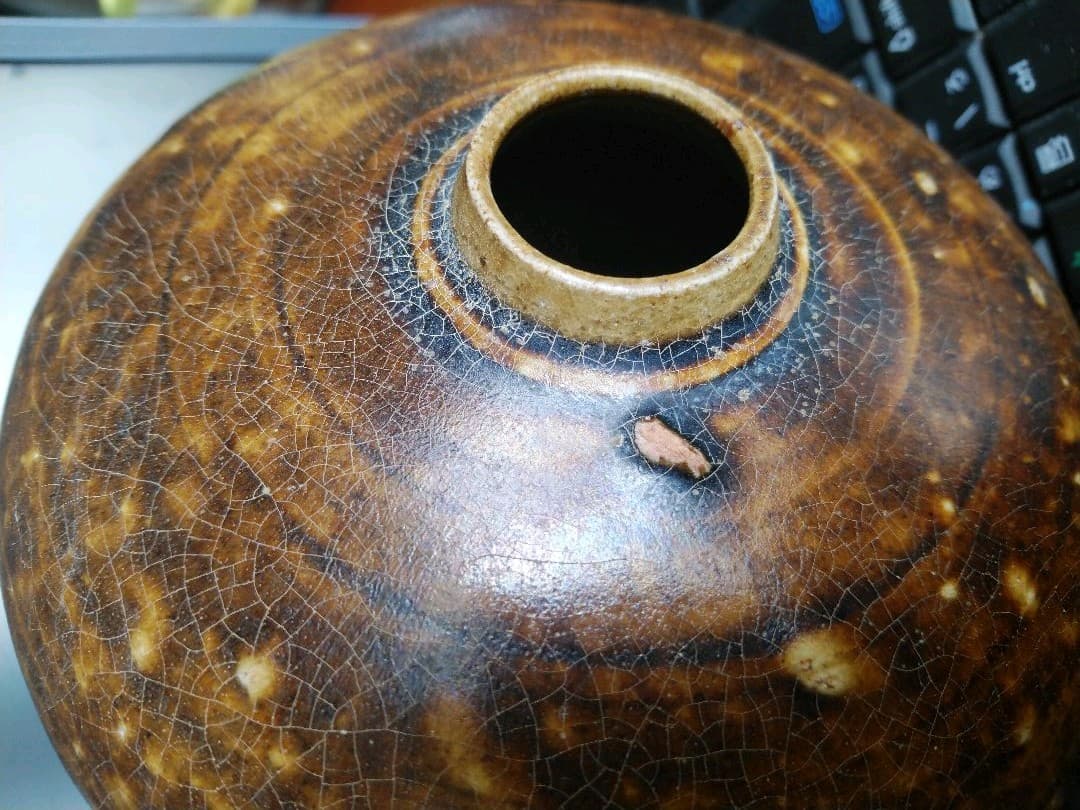 クメール カンボジア ポストアンコール 黒褐釉人面壺 /壷 古陶器