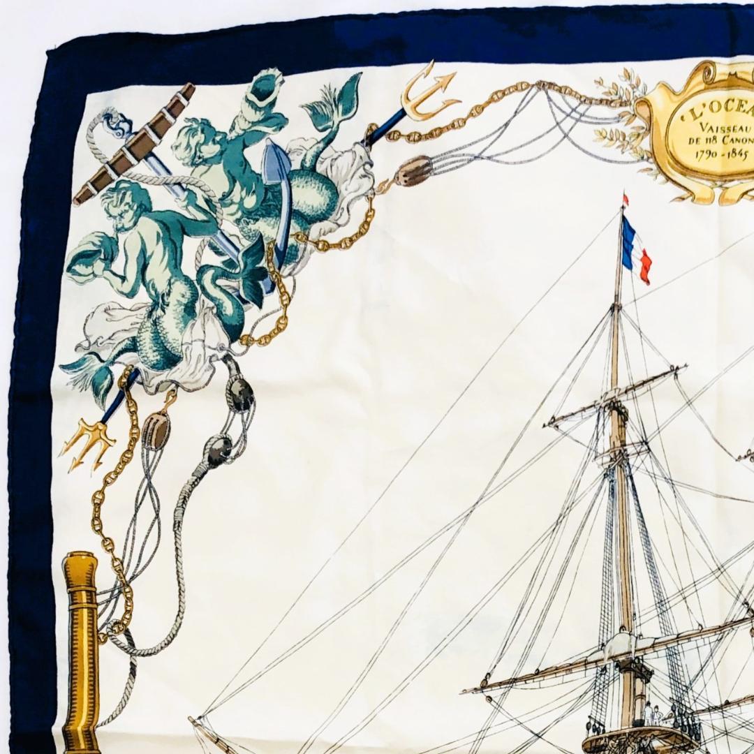 HERMES エルメス カレ90 船 ネイビー系 スカーフ タグなし