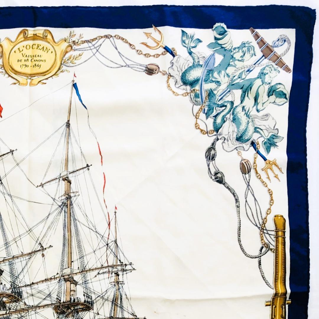 HERMES エルメス カレ90 船 ネイビー系 スカーフ タグなし