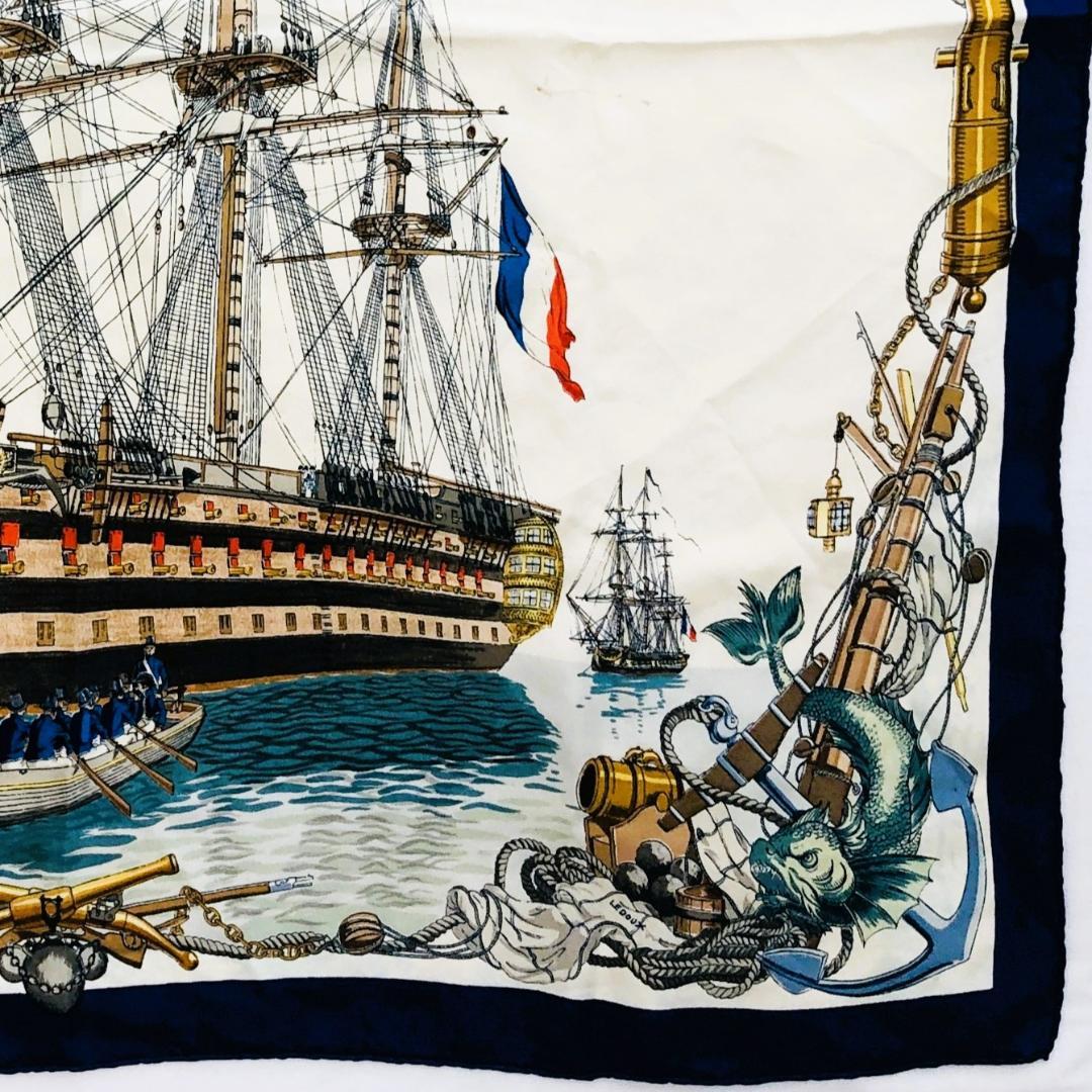 HERMES エルメス カレ90 船 ネイビー系 スカーフ タグなし