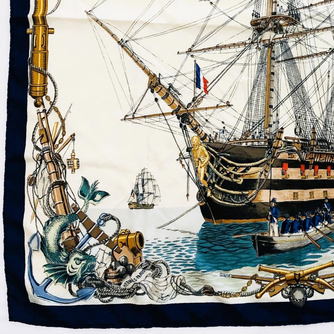 HERMES エルメス カレ90 船 ネイビー系 スカーフ タグなし