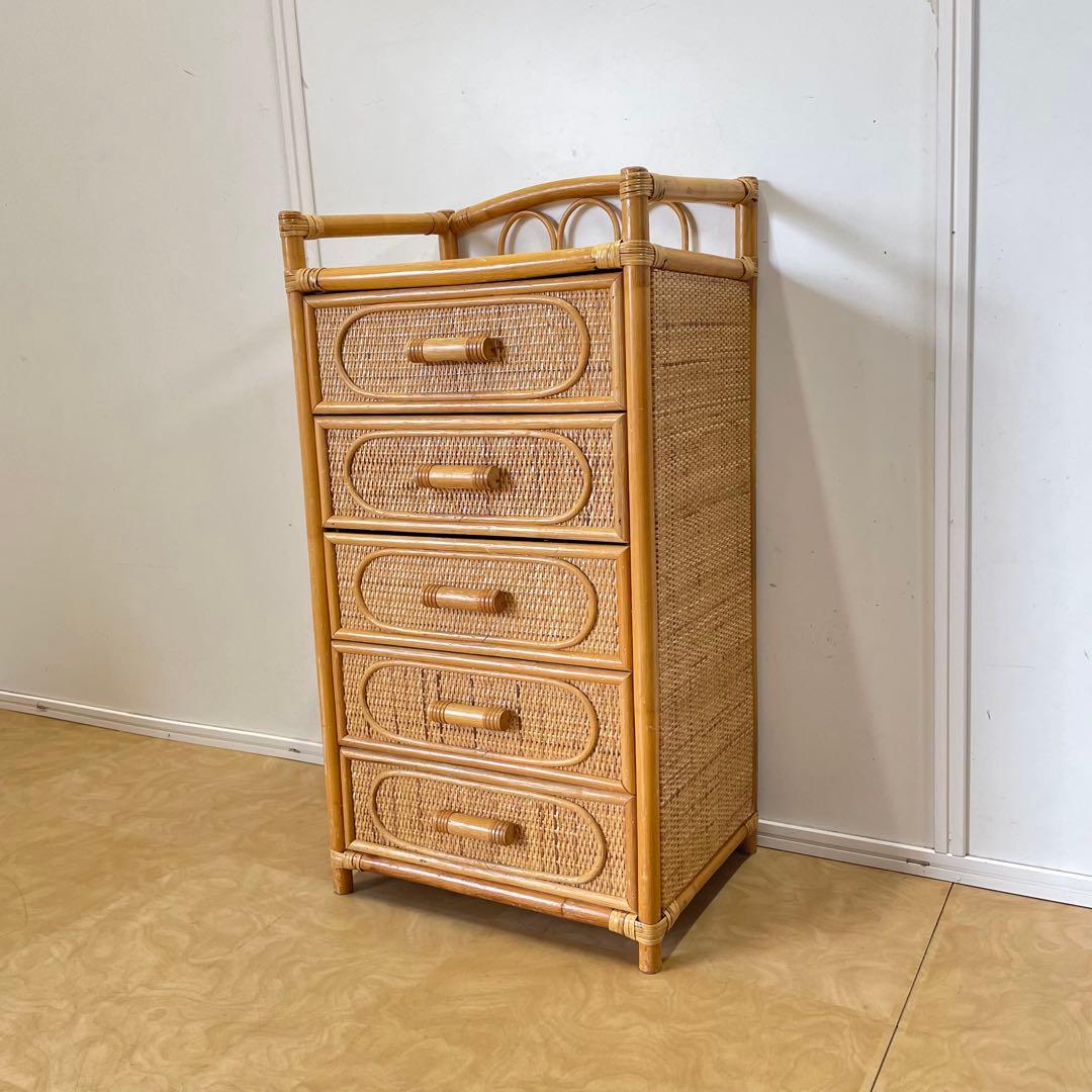 籐 ラタン 5段チェスト 引き出し 収納 タンス 電話台 スリム ビンテージ