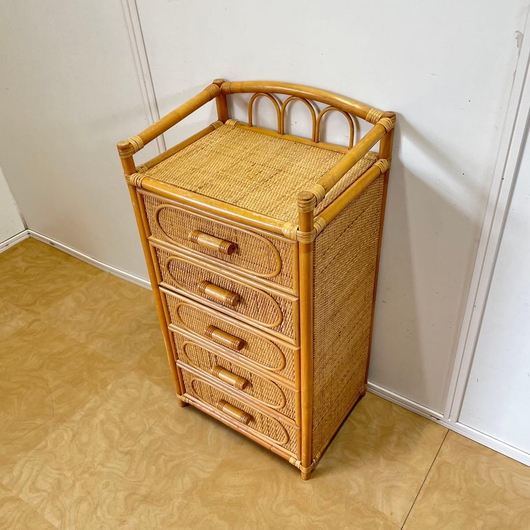 籐 ラタン 5段チェスト 引き出し 収納 タンス 電話台 スリム ビンテージ