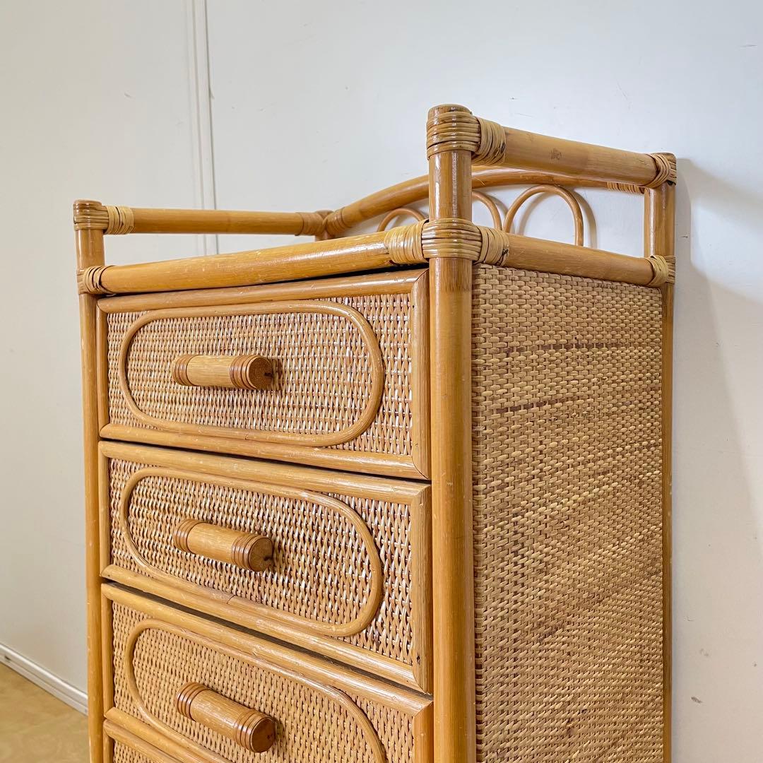 籐 ラタン 5段チェスト 引き出し 収納 タンス 電話台 スリム ビンテージ