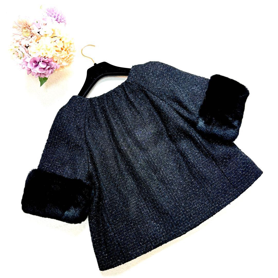 アルマーニ コレッツォーニ ファー付 ツイードショートコート 黒 40