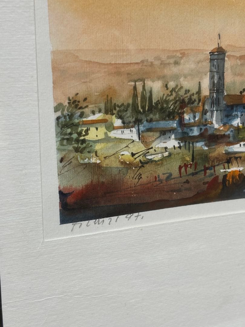 水彩画 イタリアのフィレンツェの街並 サイン入り