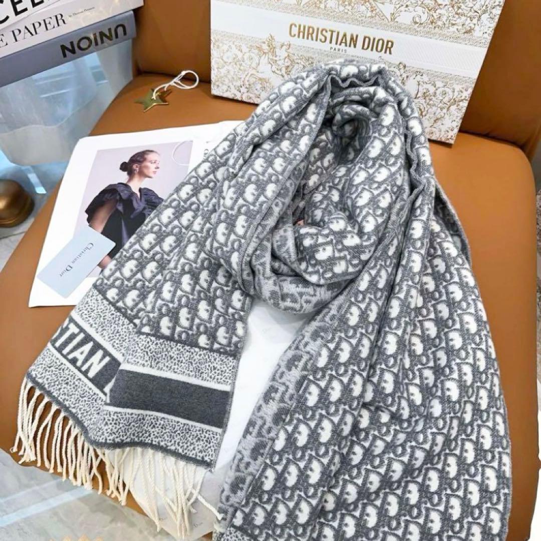 CHRISTIAN DIOR ロゴ入りマフラー グレー ネイビー