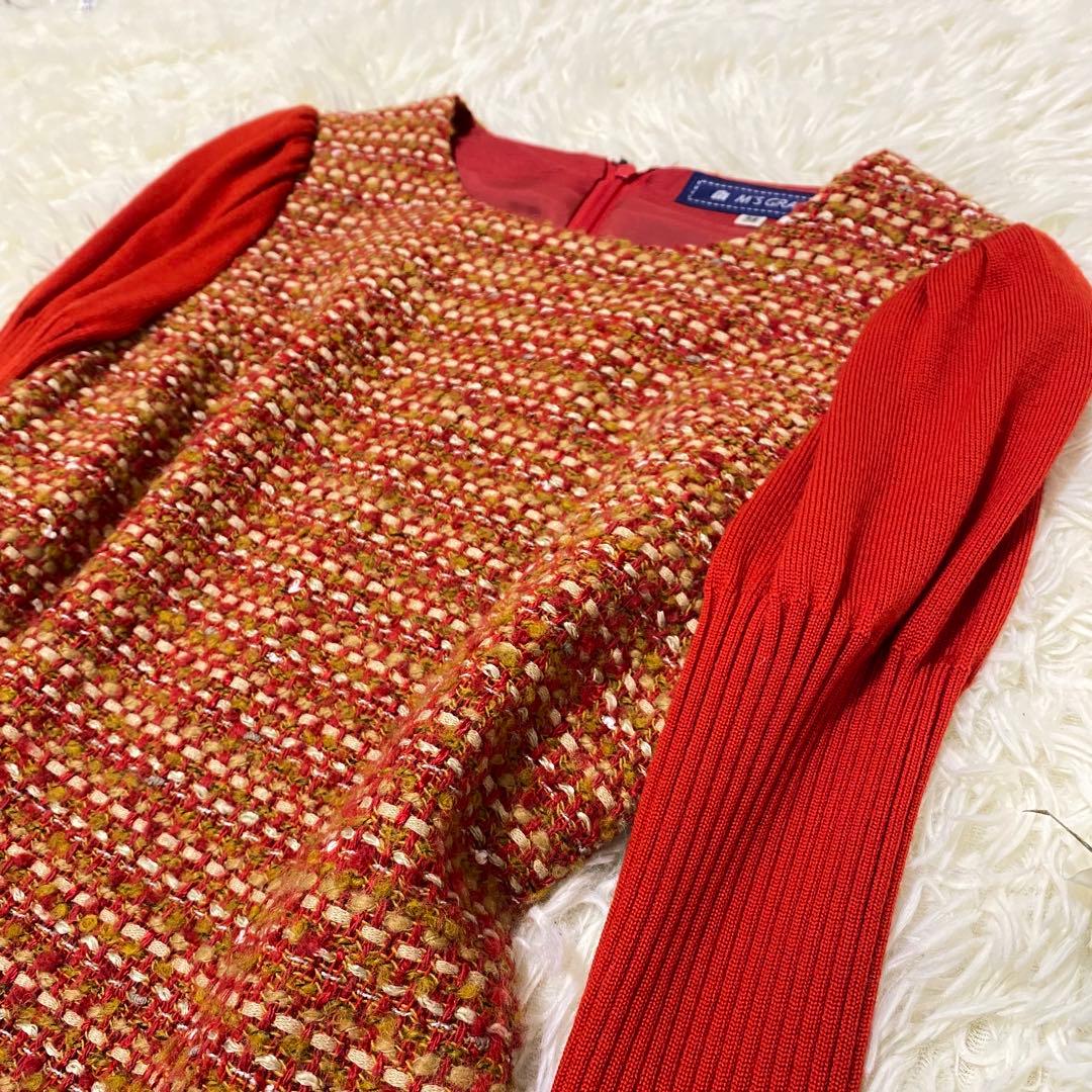 【M'S GRACY】 ニット ドッキングワンピース ツイード レッド 38