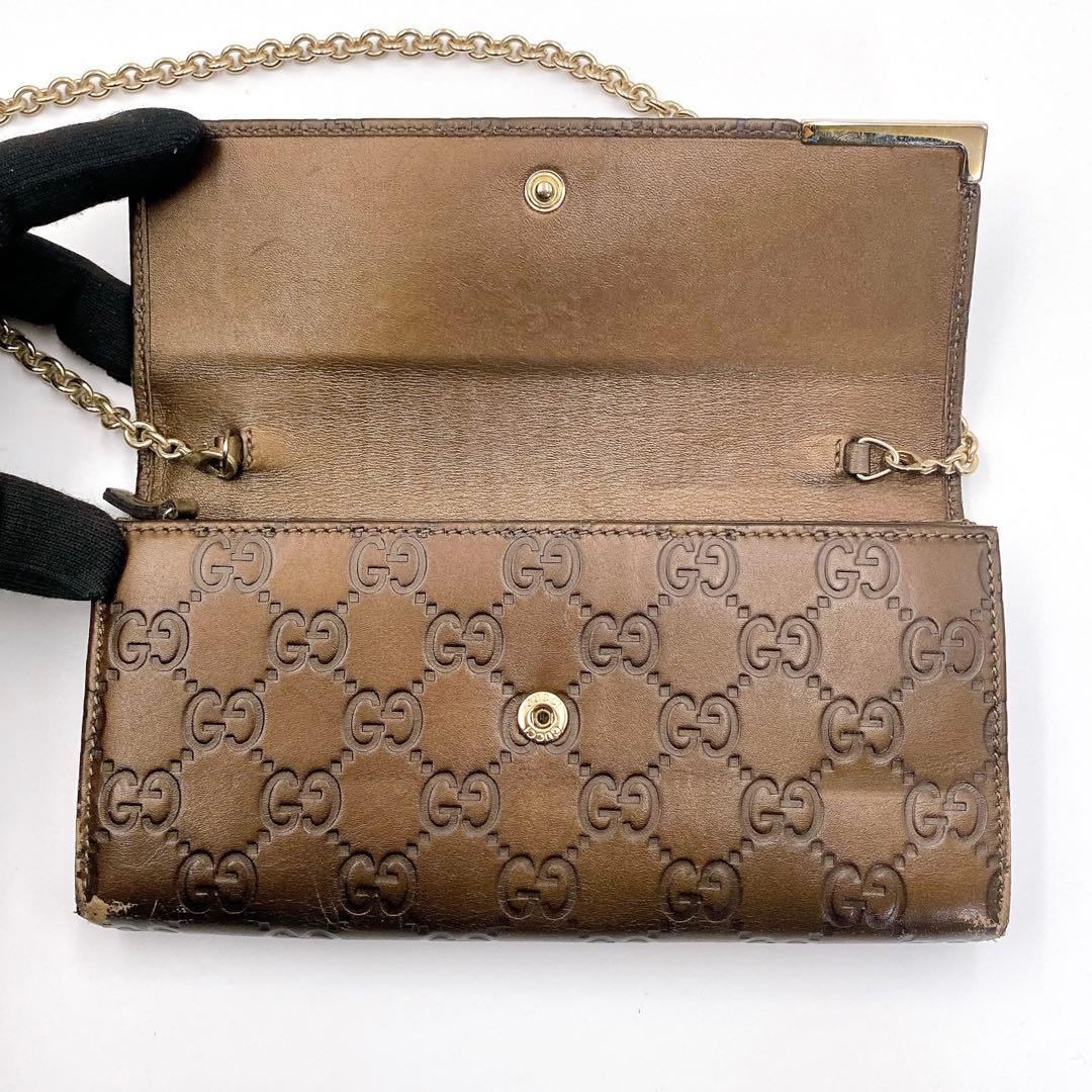 GUCCI グッチ GG シマ レザー チェーンウォレット 長財布 ブラウン