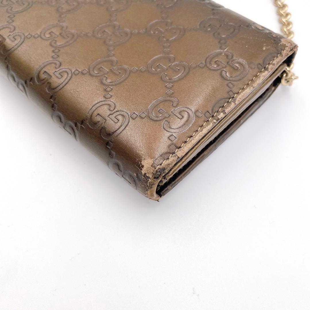 GUCCI グッチ GG シマ レザー チェーンウォレット 長財布 ブラウン