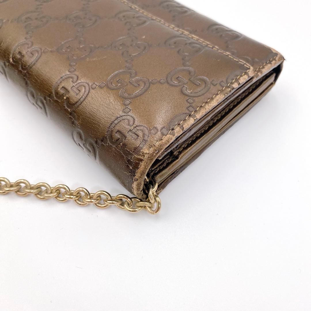 GUCCI グッチ GG シマ レザー チェーンウォレット 長財布 ブラウン