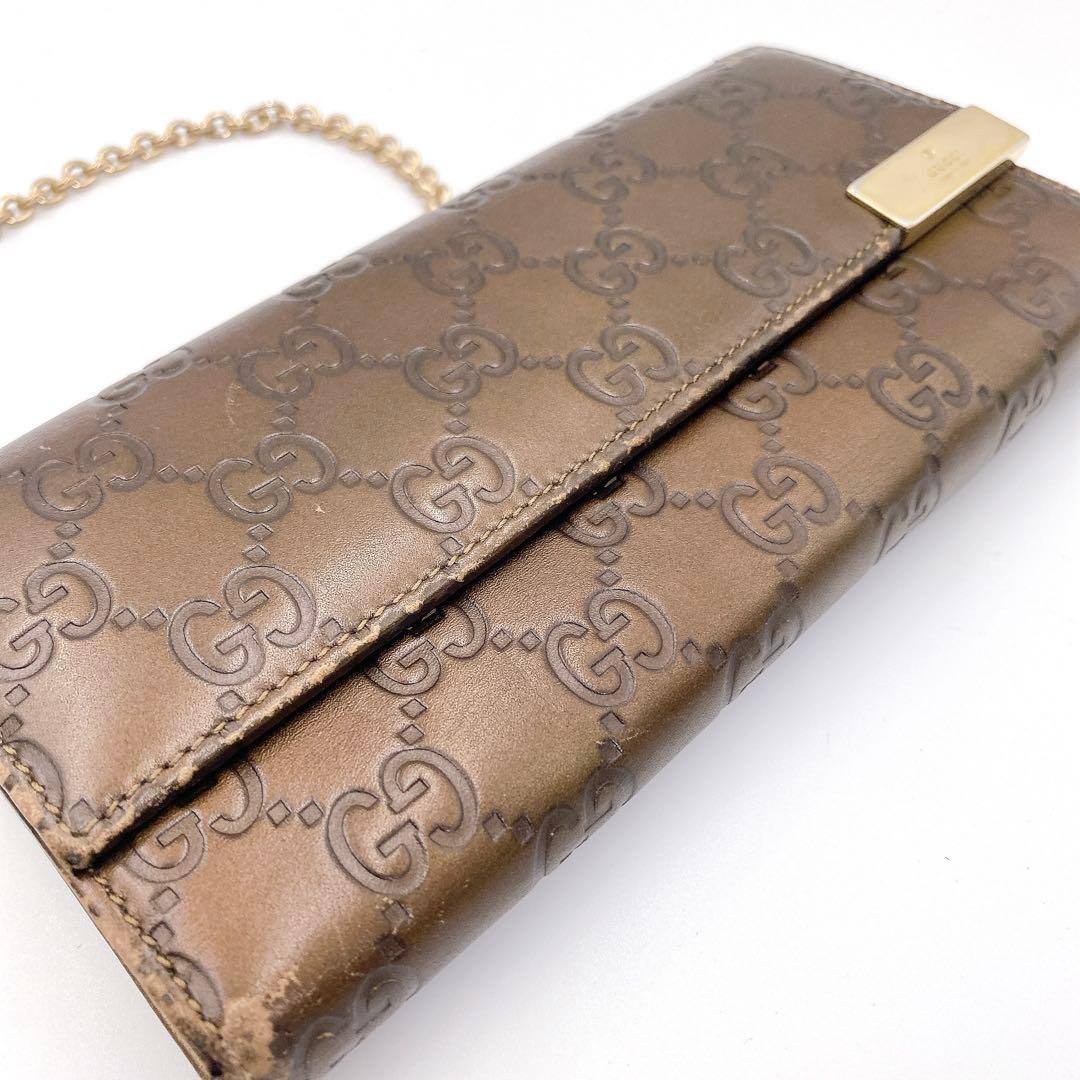 GUCCI グッチ GG シマ レザー チェーンウォレット 長財布 ブラウン