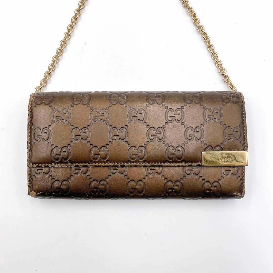 GUCCI グッチ GG シマ レザー チェーンウォレット 長財布 ブラウン