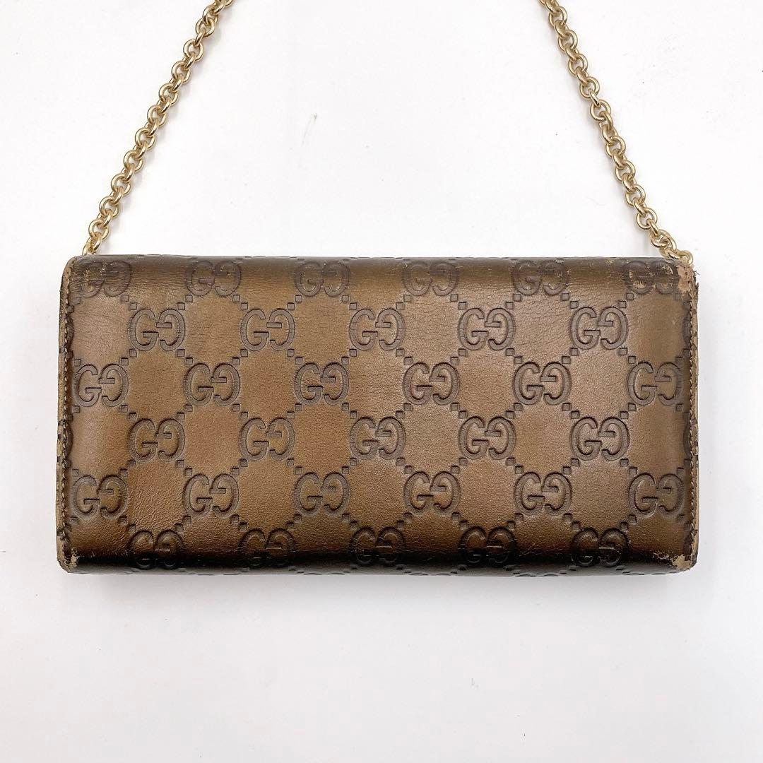 GUCCI グッチ GG シマ レザー チェーンウォレット 長財布 ブラウン