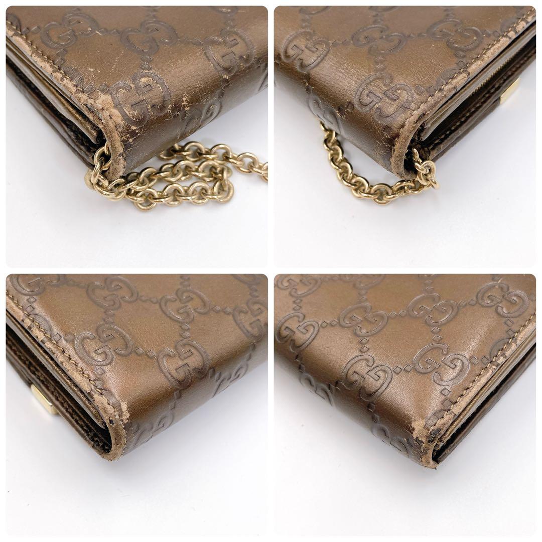 GUCCI グッチ GG シマ レザー チェーンウォレット 長財布 ブラウン