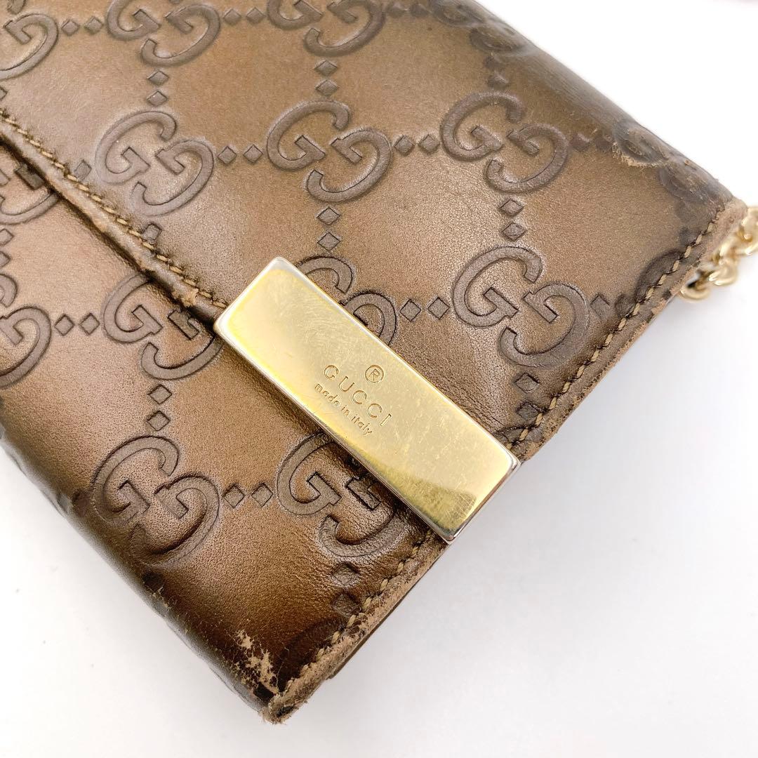 GUCCI グッチ GG シマ レザー チェーンウォレット 長財布 ブラウン