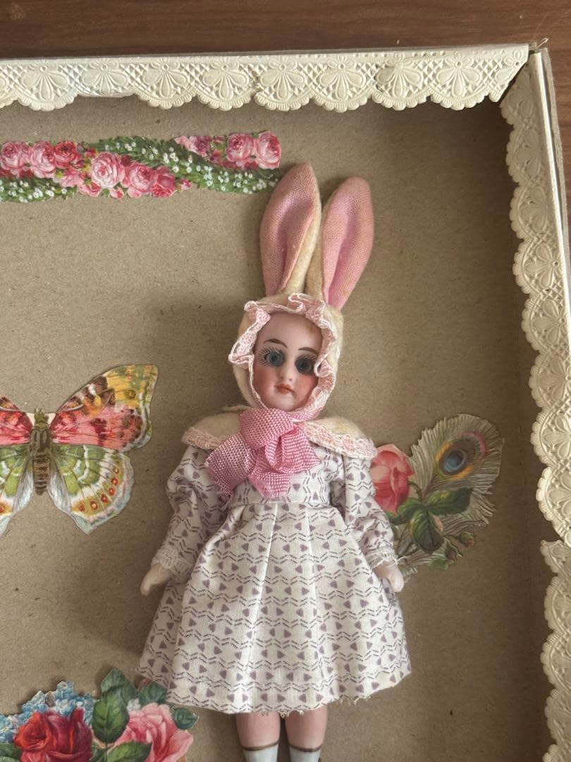 ウサギ耳付きアンティーク人形2体セット　ミ二ョネット　ピンク