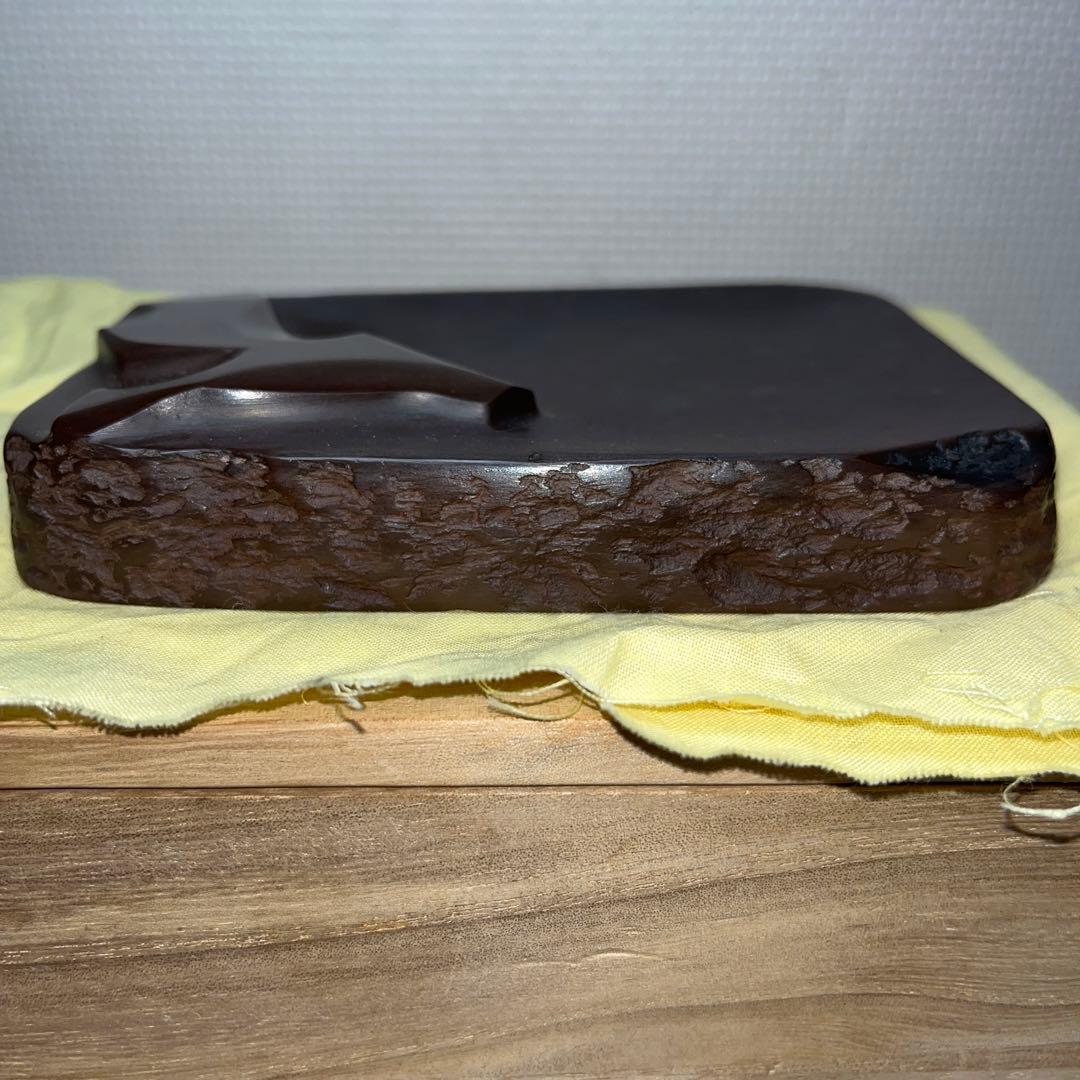 ⭕️赤間硯　名工　堀尾信夫　[芽] 新品美品　共桐箱　希少彫刻硯