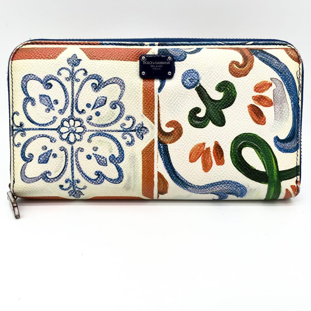 【美品】ドルチェ&ガッバーナ　ラウンドファスナー　マヨリカ柄　レザー　本革