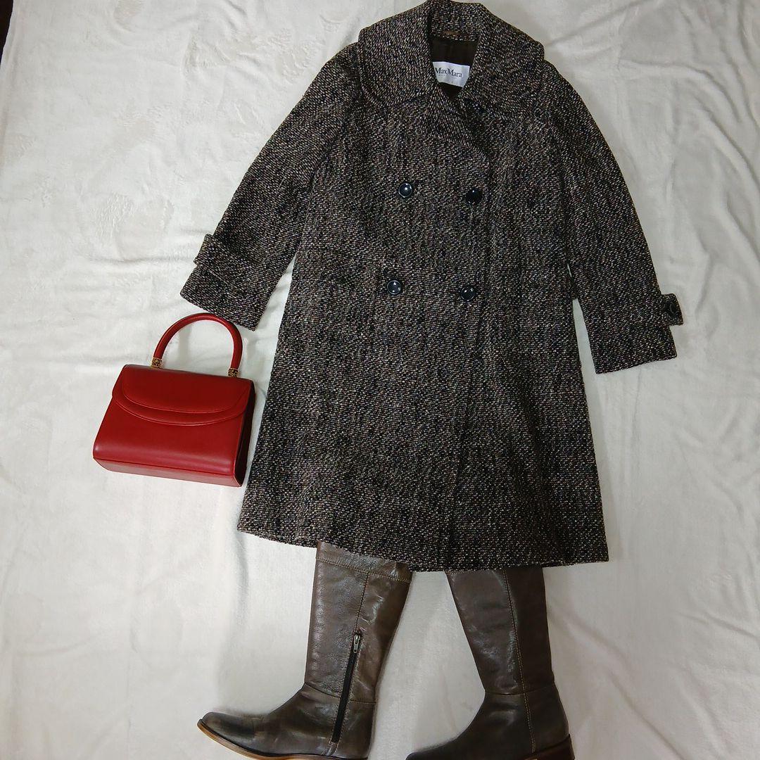 Max Mara ブラウン系ツイード ダブルブレスト ロングコー白タグ36