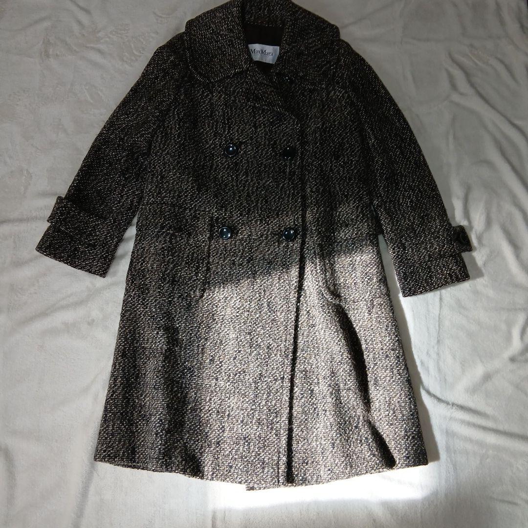 Max Mara ブラウン系ツイード ダブルブレスト ロングコー白タグ36
