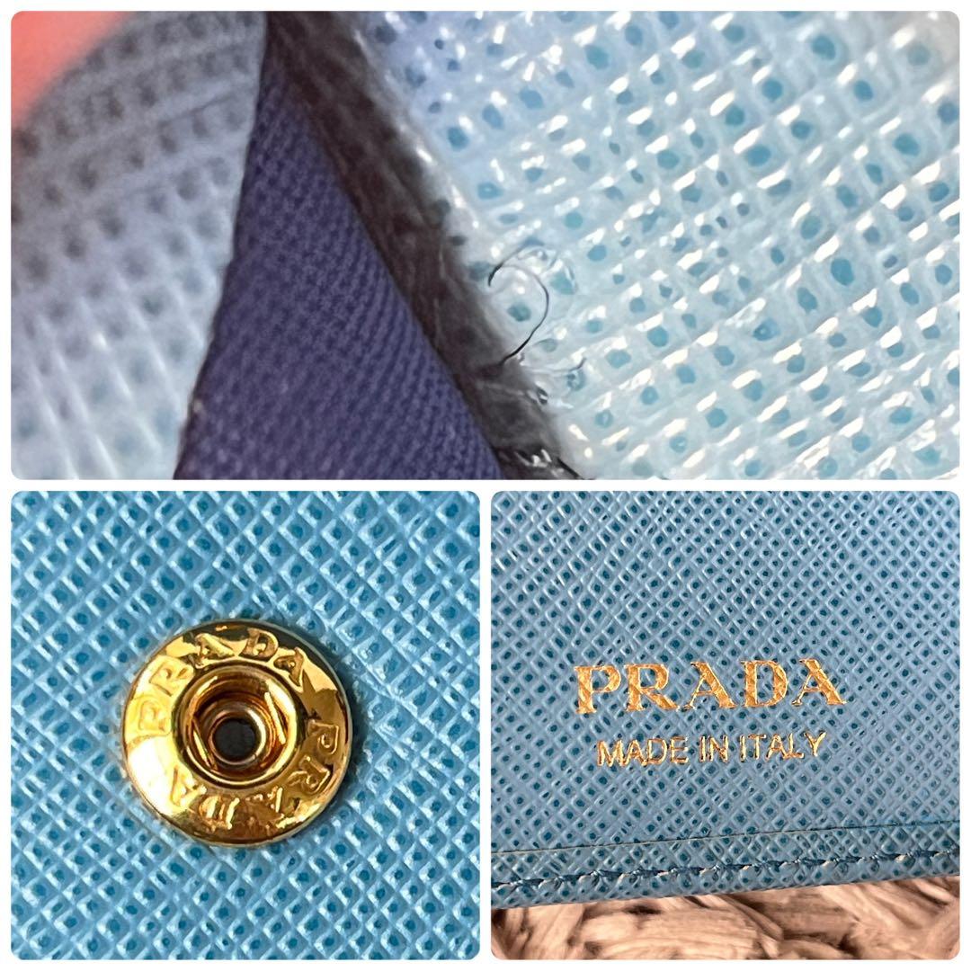 美品✨PRADA キーケース6連　ゴールドロゴ　サフィアーノ　水色