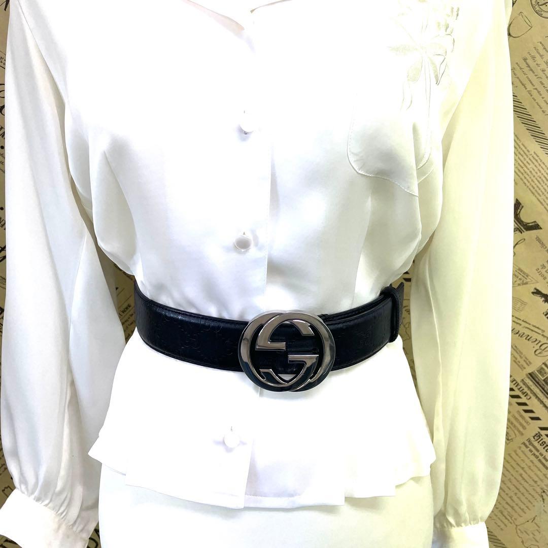 グッチ ベルト インターロッキング GGシルバー バックル 革 FC266